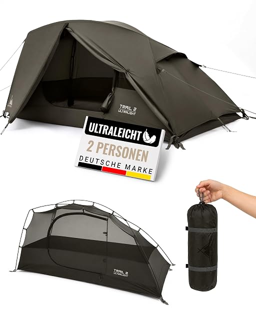 Tente de trek ultralégère WANDERFALKE Trail 2 avec un double-toit en nylon ripstop et une chambre en moustiquaire