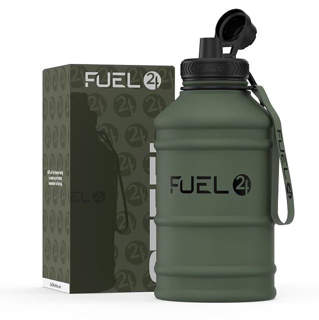 Bidon d’eau en acier inoxydable caoutchouté Fuel24, avec large poignée et sangle de portage