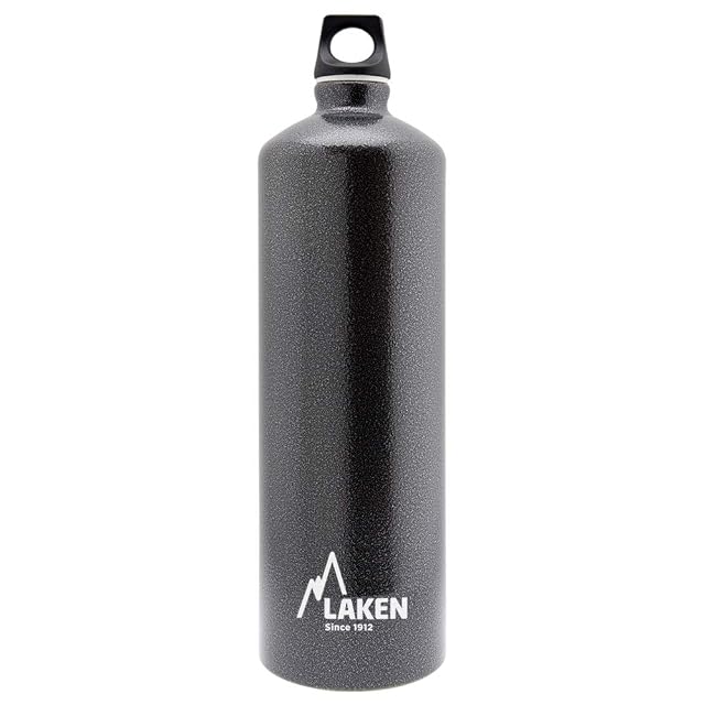 Gourde en aluminium Laken Futura gris granit, avec bouchon à vis et boucle de portage