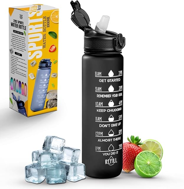 Gourde de sport Roe Tenpo d’un litre en Tritan, avec paille intégrée et graduations horaires